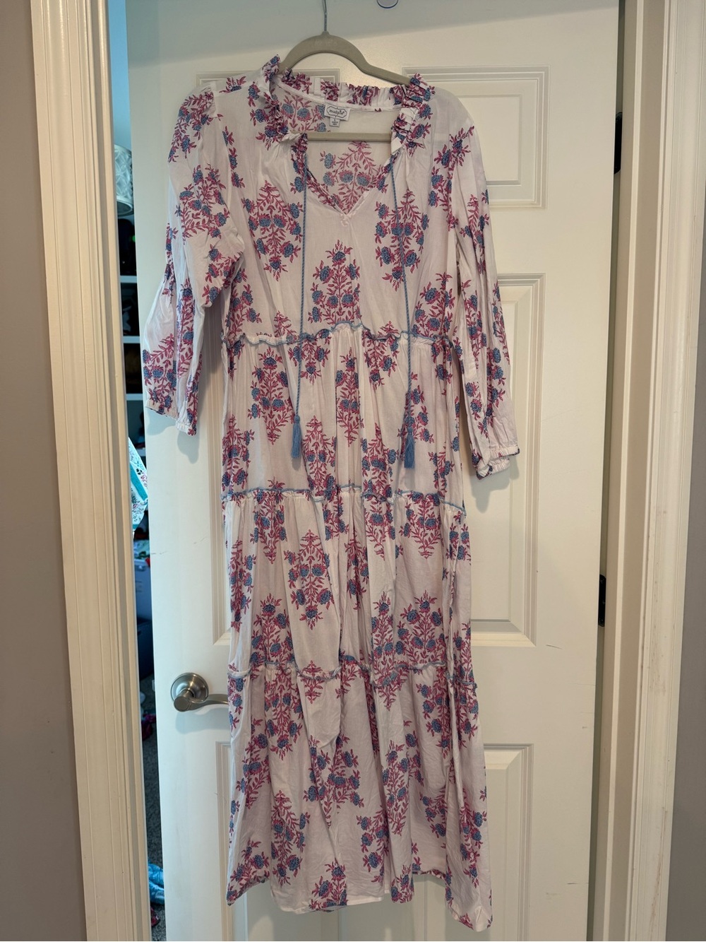 Mud Pie White Maxi Dress with Pink and Blue Floral Print
